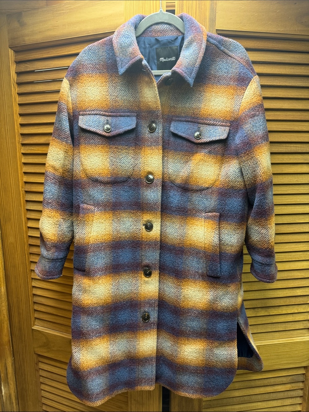 Madewell Blue, Purple, Mustard Plaid Wool-Blend Shirt Coat